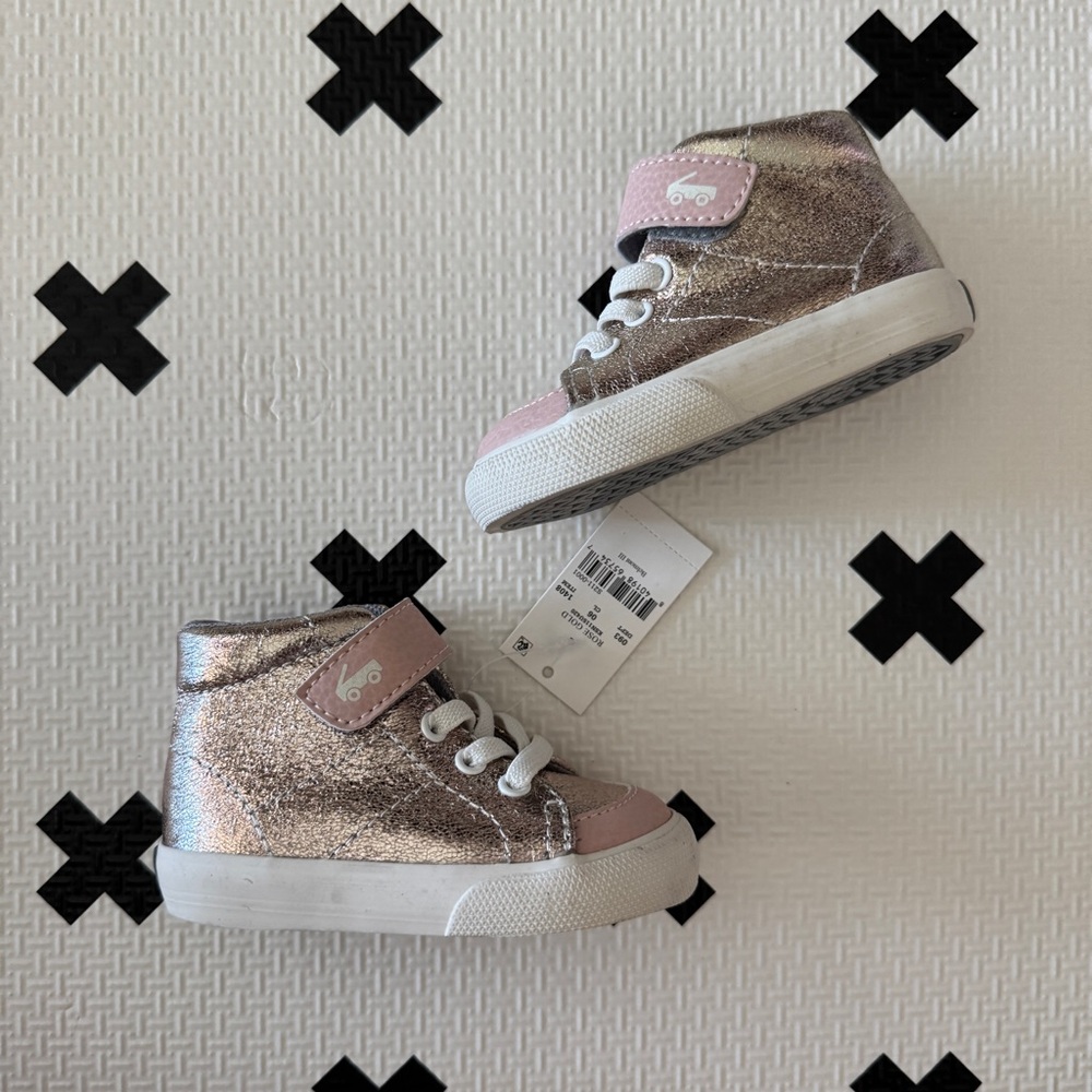See Kai Run Basics Rosegold Belmont III Metallic Pink High-Top Sneakers sz 4